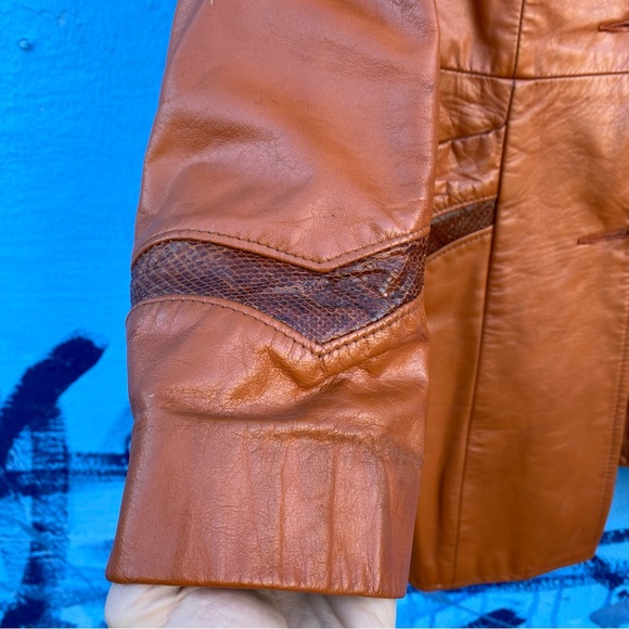Vintage 60s Ms. Pioneer leather and snakeskin jacket, orange brown, pockets, Sm - Picture 11 of 16